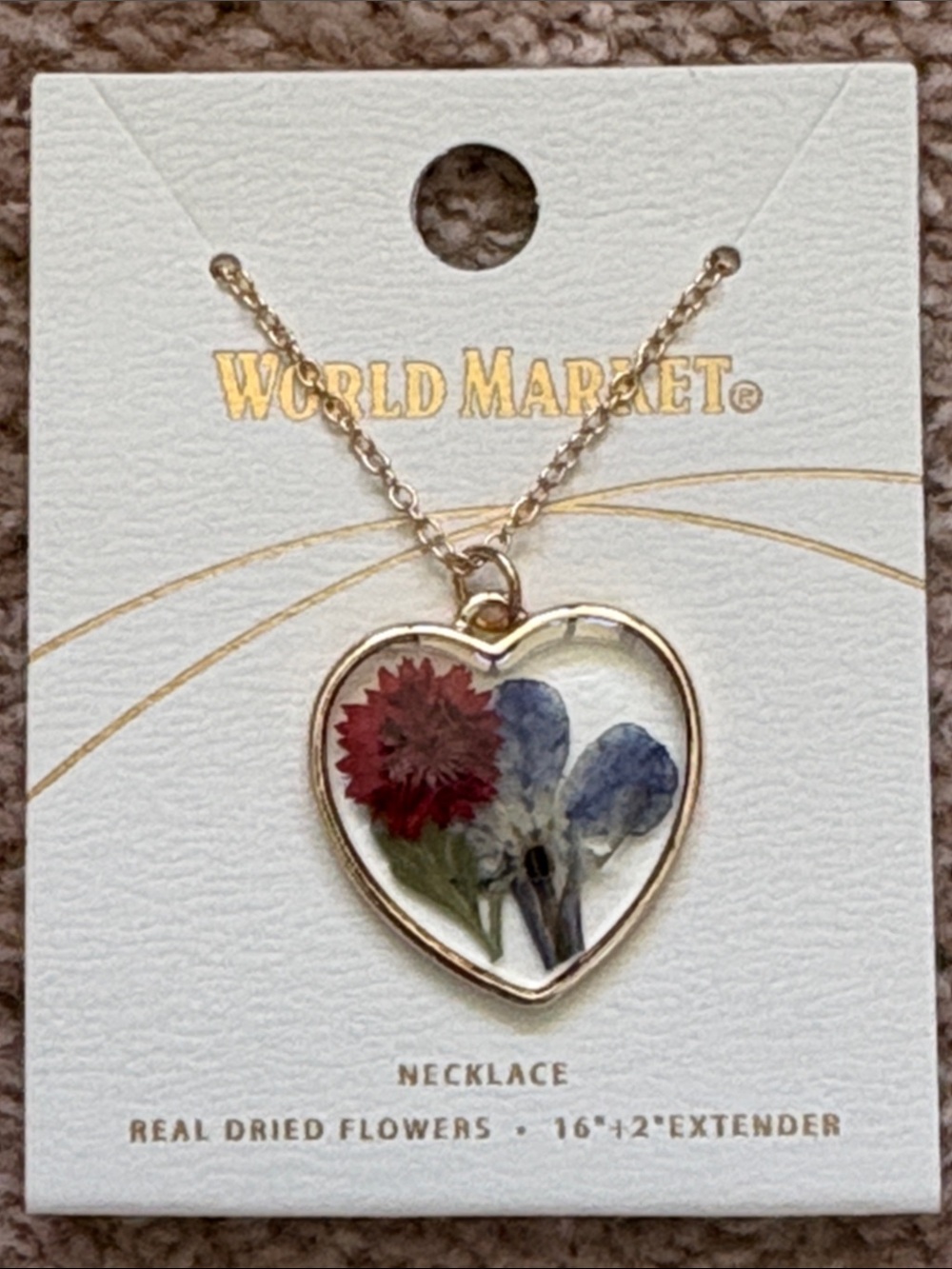Cost Plus World Market Gold Heart Necklace with Red and Blue Dried Flowers
